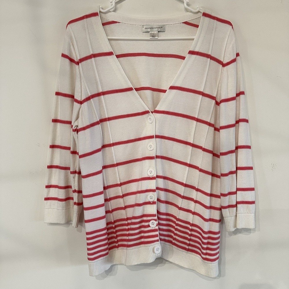 Christopher & Banks Cardigan‎ Sweater Size L White Pink 3/4 Sleeve Spring Dressy